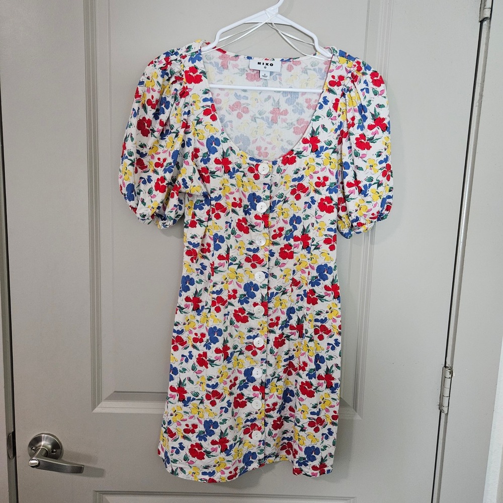 Rixo for Target Floral Mini Dress Puff Sleeve Button Front Linen‎ Blend Size 2